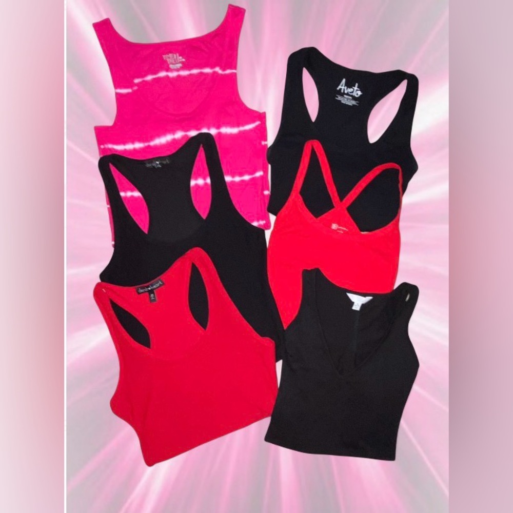 Lot of 6 Women’s Long Tank Tops | MEDIUM | Black, Red, Pink | Derek Heart & More